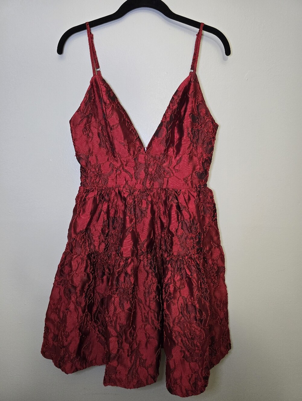 Red Lace-Texture V-Neck Spaghetti Strap Dress